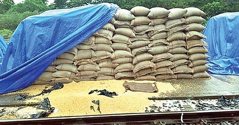 திருவண்ணாமலை ரயில் நிலைய நடைமேடை தளத்தில் வைக்கப்பட்டிருந்த கோதுமை மூட்டைகள் மழையில் நனைந்து சேதமடைந்துள்ளன.