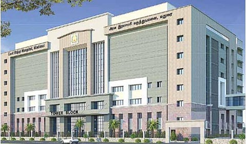 அரசு ராஜாஜி மருத்துவமனை புதிய முகப்பு கட்டிடத்தின் மாதிரி வரைபடம்.