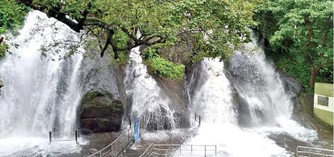 தொடர் மழையால் ஐந்தருவியில் தண்ணீர் ஆர்ப்பரித்து கொட்டியது.