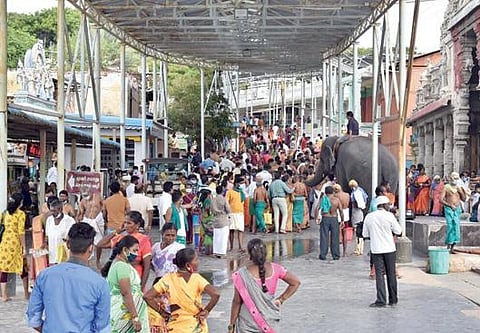 10 நாட்களுக்கு பிறகு திறக்கப்பட்டதை தொடர்ந்து திருச்செந்தூர் கோயிலில் நேற்று சுவாமி தரிசனத்துக்கு குவிந்த பக்தர்கள்.