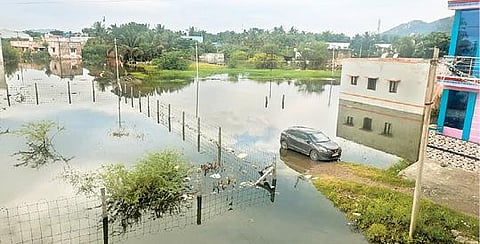 திருவண்ணாமலை-திண்டிவனம் சாலையில் உள்ள குடியிருப்பு பகுதிகளை சூழ்ந்துள்ள மழைநீர்.