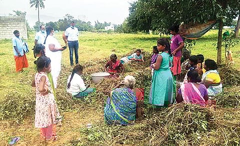 ஆலங்காயம் ஒன்றியத்துக்கு உட்பட்ட கிராம பகுதிகளில் விவசாய பணியில் ஈடுபட்டு வரும் பெண்களுக்கு நேற்று கரோனா தடுப்பூசி செலுத்தப்பட்டது. அருகில், வட்டார மருத்துவ அலுவலர் பசுபதி உள்ளிட்டோர்.