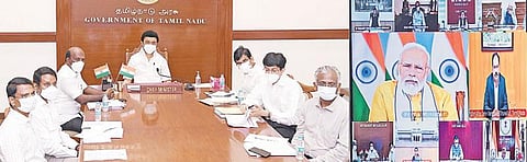 கரோனா தடுப்பூசி போடும் பணியை விரைவுபடுத்துவது தொடர்பாக பல்வேறு மாநில முதல்வர்கள், மாவட்ட ஆட்சியர்களுடன் பிரதமர் நரேந்திர மோடி காணொலியில் நேற்று ஆலோசனை நடத்தினார். இதில் தமிழக முதல்வர் மு.க.ஸ்டாலின், அமைச்சர் மா.சுப்பிரமணியன், தலைமைச் செயலர் வெ.இறையன்பு, சுகாதாரத் துறை செயலர் ஜெ.ராதாகிருஷ்ணன் உள்ளிட்டோர், திருவள்ளூர் மாவட்ட ஆட்சியர் ஆல்பி ஜான் வர்கீஸ் உள்ளிட்டோர் பங்கேற்றனர்.