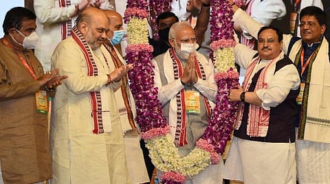 பாஜக தேசிய செயற்குழுவில் பிரதமர் மோடிக்கு பாராட்டு, நன்றி தெரிவிக்கப்பட்ட காட்சி | படம் ஏஎன்ஐ