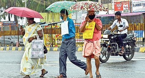 தூத்துக்குடி ஆட்சியர் அலுவலகத்துக்கு மழையில் குடைபிடித்த படி  மனு அளிக்க வந்த மக்கள். 			 படம்: என்.ராஜேஷ்