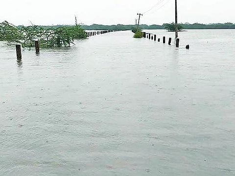 மரக்காணம் அருகே  பக்கிங்காம் கால்வாயில் இருந்த தரைப்பாலம் மூழ்கி தண்ணீர் கறைபுரண்டு ஓடுகிறது.