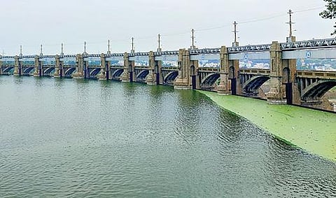 மேட்டூர் அணை நீர்மட்டம் 119 அடியாக நீடிக்கும் நிலையில், அணையின் 16 கண் மதகு பகுதியில் கடல்போல தேங்கி நிற்கும் தண்ணீர்.