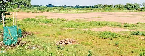 ஆலங்குடி அருகே மாஞ்சான்விடுதியில் தண்ணீரின்றி வறண்டு காணப்படும் மாஞ்சக் கண்மாய்.