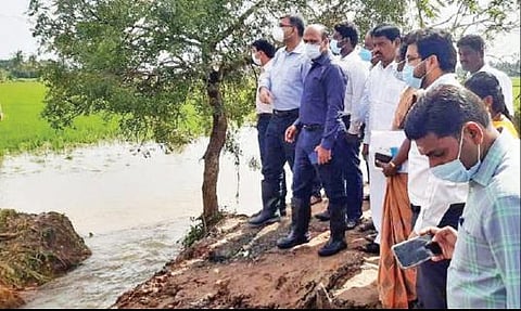 கடலூர் ஒன்றியத்துக்கு உட்பட்ட மருதாடு பகுதியில் வெள்ளநீரில் நெற்பயிர் மூழ்கியுள்ளதை மாவட்ட கண்காணிப்பு அலுவலர் அன்சுல்மிஸ்ரா பார்வையிட்டு ஆய்வு செய்தார். அருகில் மாவட்ட ஆட்சியர் கி.பாலசுப்ரமணியம், கடலூர் சட்டமன்ற உறுப்பினர் கோ.ஐயப்பன் மற்றும் அதிகாரிகள் உள்ளனர்.