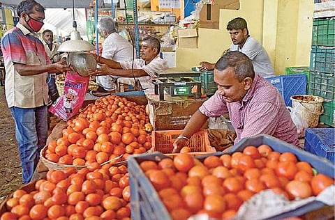 தமிழகம் மற்றும் ஆந்திராவில் பெய்த கனமழையால் சென்னை கோயம்பேடு மொத்த காய்கறி சந்தைக்கு குறைந்த அளவிலேயே தக்காளி லோடுகள் வந்துள்ளன. இதனால் குறிப்பிட்ட சில கடைகளில் மட்டுமே தக்காளி வியாபாரம் நடைபெறுகிறது. 	                            படம்: ம.பிரபு