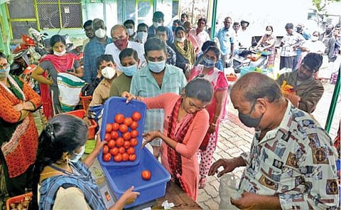 தேனாம்பேட்டையில் உள்ள பண்ணை பசுமை கடையில் விற்பனை செய்யப்பட்ட தக்காளியை நீண்ட வரிசையில் காத்திருந்து வாங்கிச் சென்ற பொதுமக்கள். படம்: பு.க.பிரவீன்