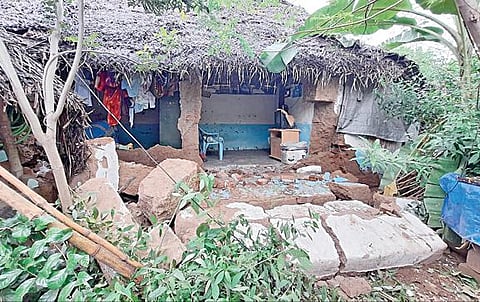 திருவையாறு அருகே மேலத்திருப்பூந்துருத்தியில் மழை காரணமாக இடிந்து சேதமடைந்த குடிசை வீடு.