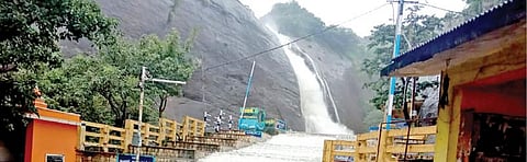 பழைய குற்றாலம் அருவியில் நேற்று 3-வது நாளாக வெள்ளப்பெருக்கு நீடித்தது. அருவிக்கு செல்லும் வழியில் உள்ள படிக்கட்டுகள் வழியாக வெள்ளம் பாய்ந்தோடியது.