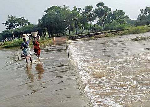 திருவேகம்பத்தூர் அருகே தரைப்பாலத்தை மூழ்கடித்து செல்லும் விரிசுழி ஆறு.