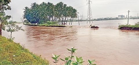 திருச்சியை அடுத்த சாந்தாபுரம் அருகே நேற்று அரியாற்றின் கரையில் உடைப்பு ஏற்பட்ட பகுதியில் வெளியேறி வயல்களை மூழ்கடித்துச் செல்லும் வெள்ளம்.படம்: ம.சரவணகுமார்