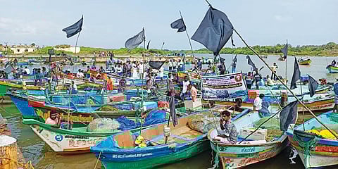 கடலூர் மீன்வளத்துறை அலுவலகம் அருகே துறைமுகத்தில் படகுகளில் கருப்புக் கொடி கட்டி போராட்டத்தில் ஈடுபட்ட மீனவர்கள்.