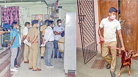 துப்பாக்கி முனையில் கொள்ளை நடைபெற்ற சென்னை திருவான்மியூர் மெட்ரோ ரயில் நிலையத்தில்  ஆய்வு மேற்கொண்ட ரயில்வே பாதுகாப்புப் படை முதல்நிலை ஆணையர் செந்தில், எஸ்.பி. அதிவீரபாண்டியன், டிஎஸ்பி ஸ்ரீகாந்த் உள்ளிட்டோர். (அடுத்த படம்) மோப்ப நாய் உதவியுடன் சோதனை நடத்திய போலீஸார்.  படங்கள்: பு.க.பிரவீன்