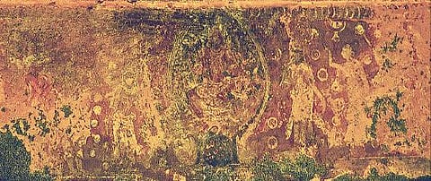 திருவண்ணாமலை திருமஞ்சன கோபுர விதானத்தில் பாதி அழிந்த நிலையில் கண்டுபிடிக்கப்பட்டுள்ள சேவப்ப நாயக்கர் காலத்து பஞ்சவர்ண முருகன் ஓவியம்.