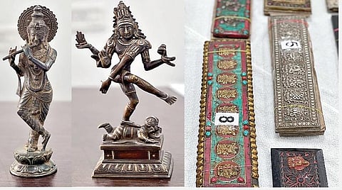 கலை பொருட்கள் அங்காடியில் பதுக்கி வைக்கப்பட்டிருந்த பல கோடி ரூபாய் மதிப்புள்ள உலோக நடராஜர் - கிருஷ்ணர் சிலைகள் மற்றும் பவுத்த மத மந்திரங்கள் அடங்கிய பேழைகள் ஆகியவை மீட்கப்பட்டன.