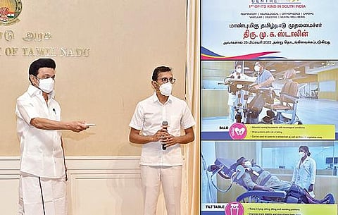 சென்னை மியாட் மருத்துவமனையில் அமைக்கப்பட்டுள்ள மறுவாழ்வு மையத்தை தலைமைச் செயலகத்தில் இருந்து காணொலிக் காட்சி மூலம் நேற்று திறந்துவைத்தார் முதல்வர் மு.க.ஸ்டாலின். உடன், மருத்துவமனை நிர்வாக இயக்குநர் பிரித்வி மோகன்தாஸ்.