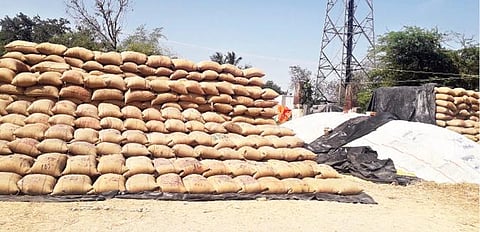 விருத்தாசலம் அருகே இருப்பு கிராமத்தில் இயங்கும் நேரடி கொள்முதல் நிலையத்தில் அடுக்கி வைக்கப்பட்டுள்ள நெல் மூட்டைகள்.