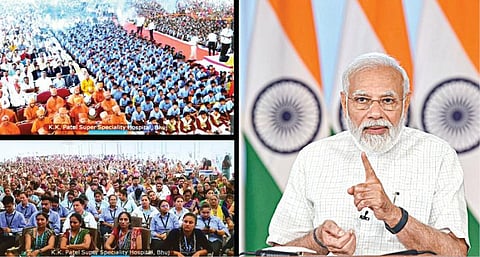 குஜராத் மாநிலம் பூஜ் பகுதியில் கட்டப்பட்டுள்ள கே.கே. பட்டேல் சூப்பர் ஸ்பெஷாலிட்டி மருத்துவமனையை பிரதமர் மோடி நேற்று காணொலி மூலம் திறந்துவைத்தார். விழாவில் பங்கேற்றவர்களுடன் அவர் காணொலியில் பேசினார். படம்: பிடிஐ