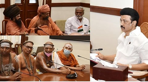 சென்னை தலைமைச் செயலகத்தில் முதல்வர் மு.க.ஸ்டாலினை, பல்வேறு மடங்களைச் சேர்ந்த ஆதீனங்கள் நேற்று சந்தித்தனர். உடன் இந்து சமய அறநிலையத் துறை அமைச்சர் பி.கே.சேகர்பாபு, துறை செயலர் பி.சந்திரமோகன், துறை ஆணையர் ஜெ.குமரகுருபரன் உள்ளிட்டோர்.