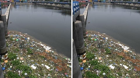 குப்பை கொட்டப்படுவதால் கழிவுநீர் தேங்கியுள்ள வைகை ஆற்றுப்பகுதி.