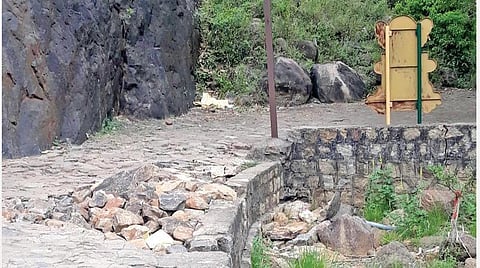 அகத்தியர் அருவியில் பெண்கள் குளிக்கும் பகுதியில் தடுப்பு கம்பிகள் சேதமடைந்துள்ளன.