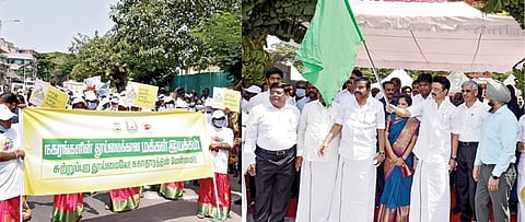 சென்னையில் நேற்று நடந்த நிகழ்ச்சியில் நகரங்களின் தூய்மைக்கான மக்கள் இயக்கத்தை தொடங்கி வைத்த முதல்வர் மு.க.ஸ்டாலின், தீவிர தூய்மைப் பணி விழிப்புணர்வு பேரணியை கொடியசைத்து தொடங்கி வைத்தார். இதில் அமைச்சர்கள் கே.என்.நேரு, எ.வ.வேலு, பி.கே.சேகர்பாபு, சென்னை மாநகராட்சி மேயர் ஆர்.பிரியா, ஆணையர் ககன்தீப் சிங் பேடி மற்றும் அரசு உயர் அலுவலர்கள் பங்கேற்றனர்.