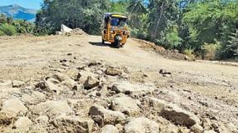 குண்டும், குழியுமாக காணப்படும் தாணிப்பாறை சாலை