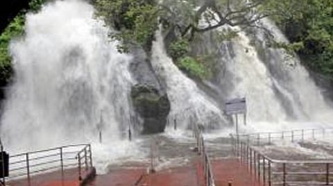 மேற்கு தொடர்ச்சி மலையில் பெய்த மழை  காரணமாக குற்றாலம் ஐந்தருவியில் வெள்ளம் கொட்டியது. குளிக்க தடை விதிக்கப்பட்டதால் வெறிச்சோடி காணப்பட்டது.