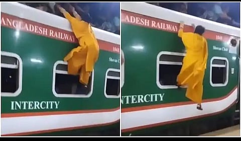 ரயிலில் கூட்ட நெரிசல்; மேற்கூரையின் மீது ஏறி பயணிக்க முயன்ற வங்கதேச பெண் | வைரல் வீடியோ
