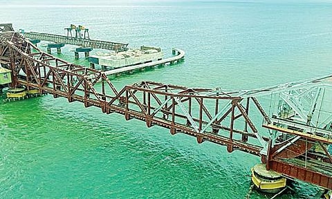 பூங்கோரை பாசியால் பச்சை நிறமாக மாறிய பாம்பன் கடல் பரப்பு.