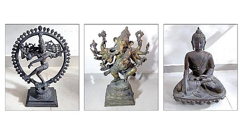 சென்னை திருவான்மியூரில் மீட்கப்பட்ட நடராஜர், நர்த்தன விநாயகர், புத்தர் சிலைகள்.