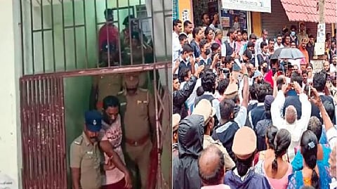 கைது செய்யப்பட்ட வினோத் (இடது), சாலை மறியலில் ஈடுபட்ட மக்கள் (வலது)