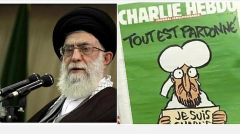 சார்லி ஹெப்டோ வெளியிட்ட கார்ட்டூன் ( வலது புறம்)