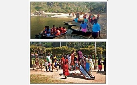 ஒகேனக்கல்லில் மணல் திட்டு பகுதி வரை நடந்து சென்று பரிசல் பயணம் மேற்கொண்ட சுற்றுலாப் பயணிகள். (அடுத்தபடம்) கிருஷ்ணகிரி கேஆர்பி அணைப் பூங்காவில் விளையாடி மகிழ்ந்த குழந்தைகள்.