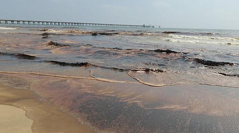 நாகை பட்டினச்சேரி மீனவ கிராமத்தில் எண்ணெய்க் குழாயில் உடைப்பு ஏற்பட்டதால், கடலில் கலந்துள்ள கச்சா எண்ணெய்.