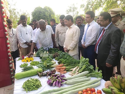 ராமநாதபுரம் அருகே எட்டிவயலில் தரணி முருகேசனின் இயற்கை வேளாண்மை பண்ணையில் விளைந்த காய்கறிகளை பார்வையிட்ட ஆளுநர் ஆர்.என்.ரவி. அருகில் பரமக்குடி சார் ஆட்சியர் அப்தாப் ரசூல், பாஜக மாவட்ட தலைவர் தரணி முருகேசன் உள்ளிட்டோர்.