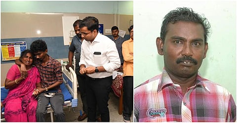 வெட்டிக் கொலை செய்யப்பட்ட கிராம நிர்வாக அலுவலர் லூர்து பிரான்சிஸ் (வலது), லூர்து பிரான்சிஸ் குடும்பத்தினருக்கு மாவட்ட ஆட்சியர் கி.செந்தில் ராஜ் ஆறுதல் (இடது).