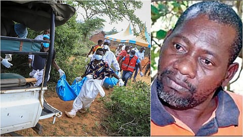 உயிரிழந்தவர்களை அடக்கம் செய்யும் பணி; (அடுத்தபடம்) பாதிரியார் பால் மேக்கன்ஜி நெதாங்கே