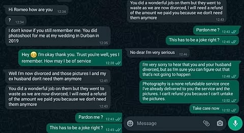 விவாகரத்து ஆனதால் ‘வெட்டிங் ஷூட்’ பணத்தை திருப்பிக் கேட்ட பெண் - வைரல் வாட்ஸ்அப் உரையாடல்