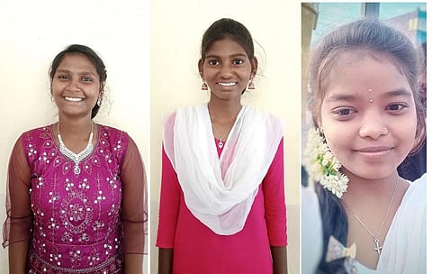 பிளஸ் 2 தேர்வில் தேர்ச்சி அடைந்த மாணவிகள் கன்னியம்மாள், தீபிகா, லாவண்யா.