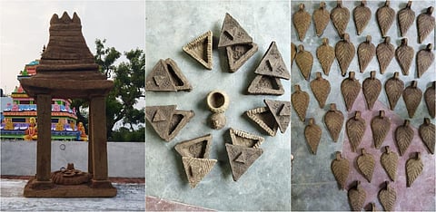 நாட்டுமாட்டுச்சாணம், கோமியத்தில் கைவினைக்கலைஞர் பா.கணேசன் உருவாக்கிய கோயில் கோபுர சிலை, மாவிலை தோரணங்கள், குங்குமச்சிமிழ்