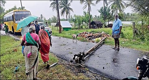 கடத்தூர் அருகே தாளநத்தம் கிராமத்தில் நேற்று பலத்த காற்றுடன் பெய்த கனமழையால் சாலையில் விழுந்த மின்கம்பங்கள். படம்: எஸ். செந்தில்