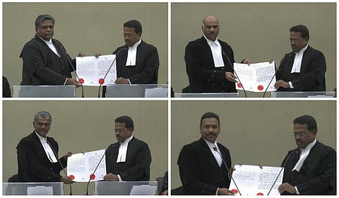 சென்னை உயர் நீதிமன்ற கூடுதல் நீதிபதிகளாக பதவியேற்றுக்கொண்ட நீதிபதிகள் ஆர்.சக்திவேல், பி.தனபால், சி.குமரப்பன், ஆர்.ராஜசேகர்