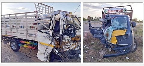 கரூர் மாவட்டம் தென்னிலை அருகே விபத்தில் சிக்கிய சுமை வேன் மற்றும் தார் ஏற்றி வந்த சுமை வேன்.﻿﻿