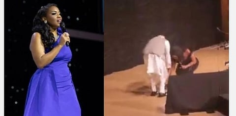 தேசிய கீதம் பாடிய பாடகி பிரதமரின் பாதம் தொட்டு மரியாதை