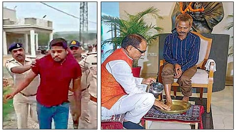 பழங்குடி இளைஞரின் முகத்தில் சிறுநீர் கழித்த விவகாரத்தில் கைது செய்யப்பட்ட பிரவேஷ் சுக்லா. பாதிக்கப்பட்ட பழங்குடி இளைஞரின் கால்களை கழுவிய ம.பி. முதல்வர் சிவராஜ் சிங் சவுகான்.